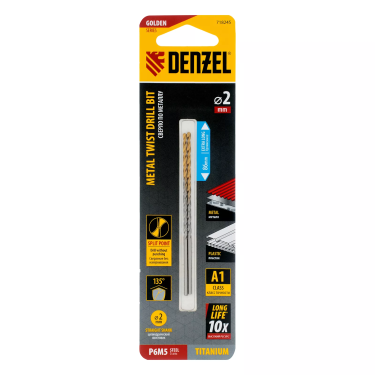 Сверло спиральное по металлу Denzel  2 х 86 мм Р6М5, Golden Tip, удлиненное, 2шт., 718245 купить в Тобольске