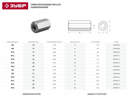 Гайка ЗУБР &quot;МАСТЕР&quot; переходная, DIN 6334, оцинкованная, M6, 5кг 303750-06 купить в Тобольске