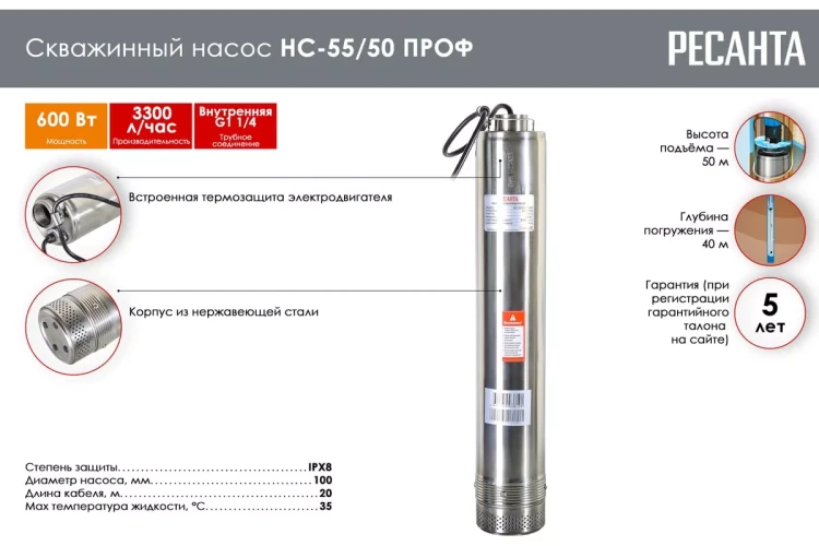 Скважинный насос Ресанта НС-55/50 ПРОФ 77/3/1 купить в Тобольске