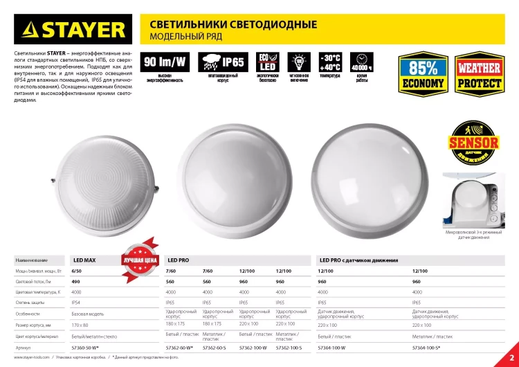 Светильник STAYER "PROFI" PROLight светодиодный, влагозащищенный IP65, встроен сенсор, пластик корпус, влагозащищен, круг, белый, 4000К, 12(100Вт) 57364-100-W купить в Тобольске