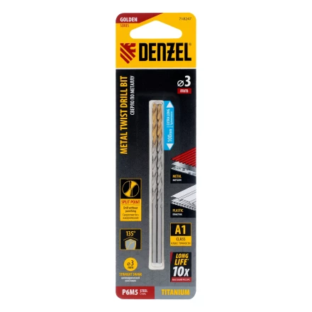 Сверло спиральное по металлу 3 х 100 мм, Р6М5, Golden Tip, удлиненное, 2шт. Denzel 718247 купить в Тобольске