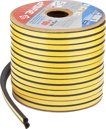 ЗУБР 40 м, D-профиль, размер 14 х 12 мм, черный, самоклеящийся промышленный резиновый уплотнитель, Профессионал (40950-14-40) купить в Тобольске