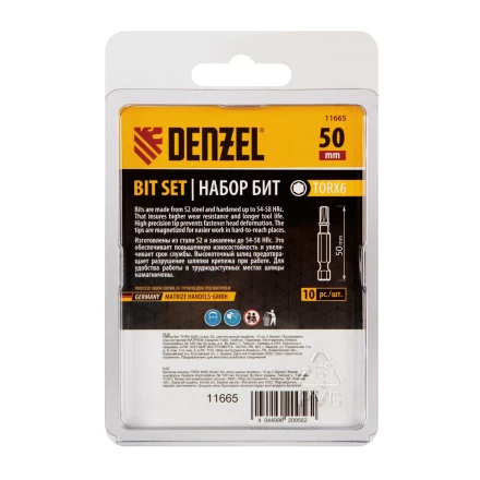 Бита TX 6х50, сталь S2, шестигранный профиль, 10 шт. Е 6,3 Denzel 11665 купить в Тобольске