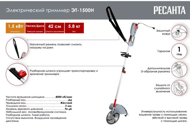 Электрический триммер Ресанта ЭТ-1500Н 70/1/23 купить в Тобольске