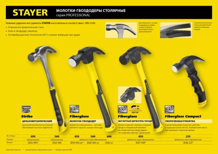 Молоток-гвоздодер STAYER &quot;PROFESSIONAL&quot; цельнометаллический с двухкомпонентной рукояткой, 560г 2025-560 купить в Тобольске