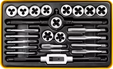 Набор метчиков и плашек STAYER &quot;MASTER&quot;, метчикодержатель 1шт, плашкодержатель 1шт, метчики 11шт, плашки 11шт, 24 предмета 28020-H24 купить в Тобольске