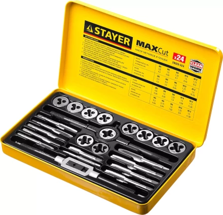 Набор метчиков и плашек STAYER &quot;MASTER&quot;, метчикодержатель 1шт, плашкодержатель 1шт, метчики 11шт, плашки 11шт, 24 предмета 28020-H24 купить в Тобольске