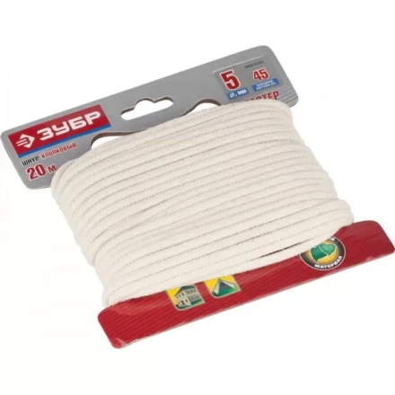 Шнур ЗУБР хлопковый плетеный, натуральный, без сердечника, d=5, 20 м, 45 кгс, 9,5 ктекс 50350-05-020 купить в Тобольске