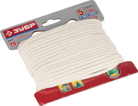 Шнур ЗУБР хлопковый плетеный, натуральный, без сердечника, d=5, 20 м, 45 кгс, 9,5 ктекс 50350-05-020 купить в Тобольске