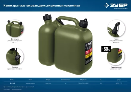 ЗУБР 5 + 2.5 л, пластиковая усиленная двухсекционная канистра, Профессионал (38367-7.5) купить в Тобольске