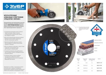Круг отрезной алмазный ЗУБР &quot;ПРОФЕССИОНАЛ&quot; супертонкий по керамограниту 200х25,4/22,2мм 36659-200 купить в Тобольске