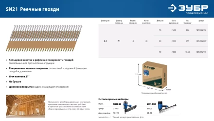 ЗУБР SN21 70 х 3.1 мм, реечные гвозди рифленые оцинкованные, 2400 шт (305396-70) купить в Тобольске