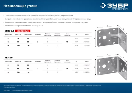 ЗУБР НКУ-2.0, 90 x 100 x 100 x 2 мм, нержавеющий крепежный уголок, Профессионал (310526-90) купить в Тобольске