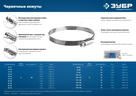 ЗУБР Х-9Н, 60 - 80 мм, накатная лента 9 мм, цинк, 50 шт, червячный хомут (37807-80) купить в Тобольске