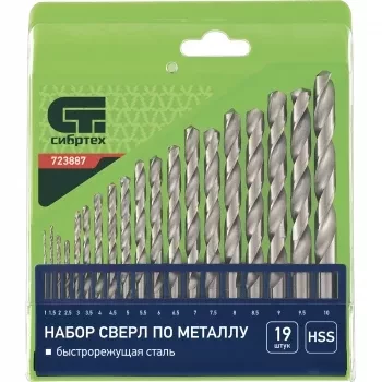 Набор сверл по металлу 1-10 мм через 0,5 мм HSS 19 штук ,пластик.коробка цил. хвостовик СИБРТЕХ 723887 купить в Тобольске