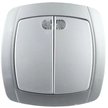 Выключатель СВЕТОЗАР &quot;АКЦЕНТ&quot; двухклавишный в сборе, с подсветкой, цвет серебристый металлик, 10А/~250В SV-54235-SM купить в Тобольске