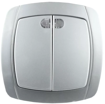 Выключатель СВЕТОЗАР &quot;АКЦЕНТ&quot; двухклавишный в сборе, с подсветкой, цвет серебристый металлик, 10А/~250В SV-54235-SM купить в Тобольске