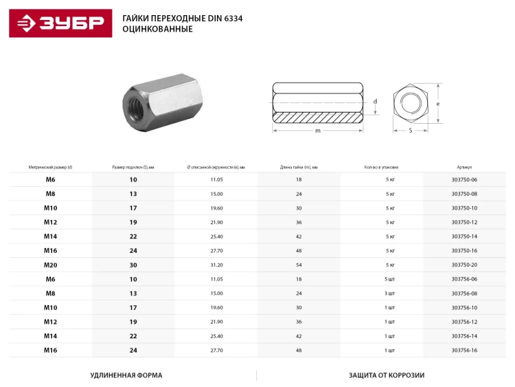 Гайка DIN 6334 переходная, M10, 1 шт, оцинкованная, ЗУБР 303756-10 купить в Тобольске