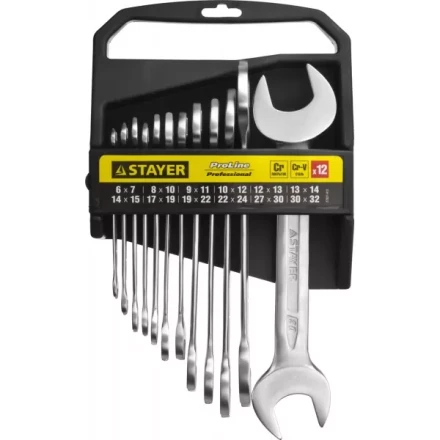 Набор: Ключ STAYER &quot;PROFI&quot; гаечный рожковый, Cr-V сталь, хромированный, 6-32мм, 12шт 27037-H12 купить в Тобольске