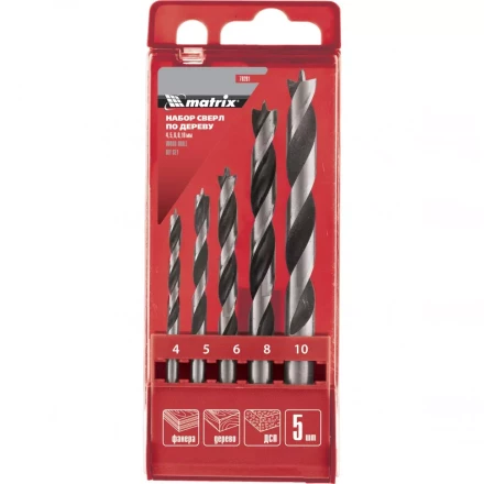 Набор сверл по дереву 4-5-6-8-10мм  цилиндрический хвостовик пластиковый кейс MATRIX 70281 купить в Тобольске