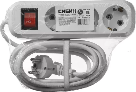 Удлинитель СИБИН электрический, ПВС сечение 0,75кв мм, 3 гнезда, макс мощн 2200Вт, 3м, заземление, выключатель 55036-3 купить в Тобольске