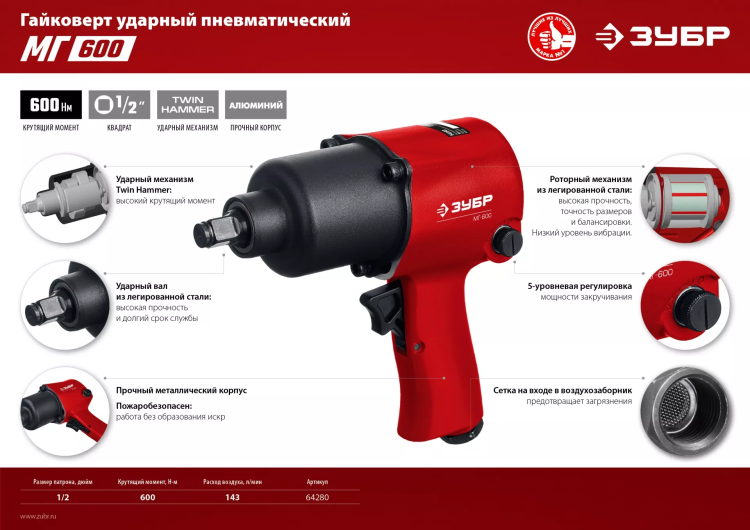 Ударный пневмогайковерт МГ-600 64280 серия МАСТЕР купить в Тобольске