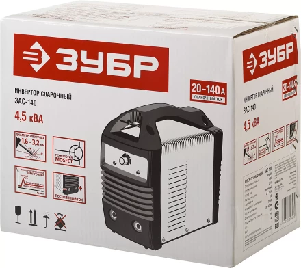 Инвертор ЗУБР сварочный, электр. 1,6-3,2 мм, А20-140, 1*220В ЗАС-140 купить в Тобольске