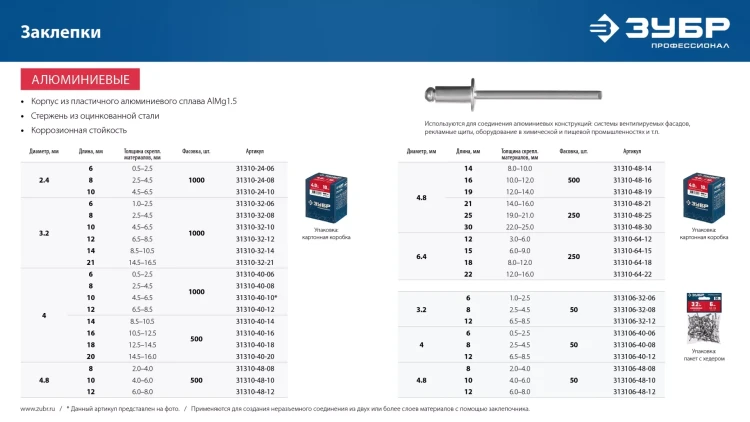 ЗУБР 4.8 x 10 мм, 50 шт, алюминиевые заклепки, Профессионал (313106-48-10) купить в Тобольске