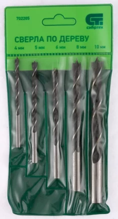 Набор сверл по дереву 4-5-6-8-10 мм 5 штук цилиндрический хвостовик СИБРТЕХ 702205 купить в Тобольске