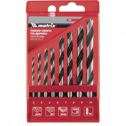 Набор сверл по дереву   3-4-5-6-7-8-9-10мм цилиндрический  хвостовик  пластиковый кейс MATRIX 70282 купить в Тобольске