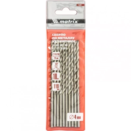 Сверло по металлу 4,0 х 119 мм полированное удлиненное HSS 10 штук цилиндрический хвостовик MATRIX 715040 купить в Тобольске