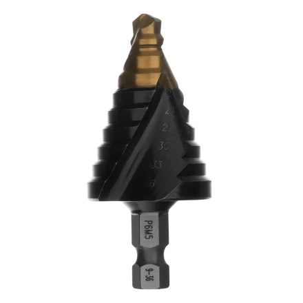 Сверло ступенчатое Denzel 723605, 9-12-15-18-21-24-27-30-33-36 мм, Р6М5, 6-гр. хвостовик купить в Тобольске