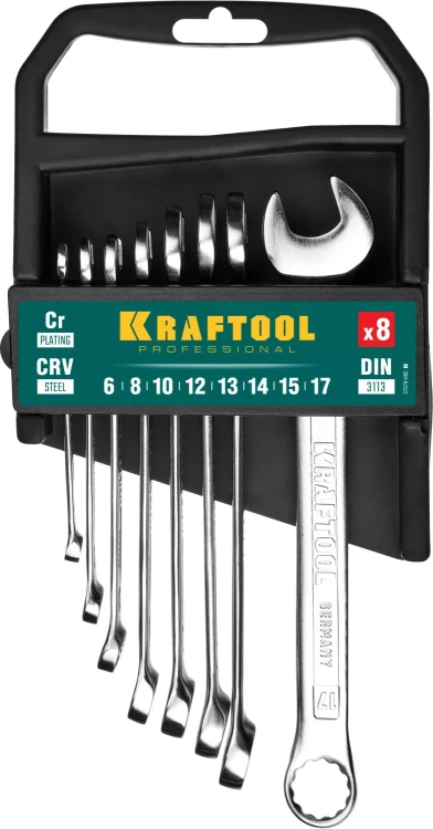 Наборы ключей комбинированных KRAFTOOL, Cr-V, DIN 3110, на пластиковой подвеске 27079-H8C купить в Тобольске
