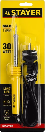 Паяльник MAXTerm с пластмассовой рукояткой, жало - конус, STAYER 55305-30, 30 Вт 55305-30 купить в Тобольске