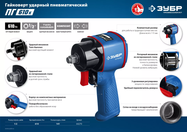 Ударный пневмогайковерт ПГ-610к 64270 серия ПРОФЕССИОНАЛ купить в Тобольске