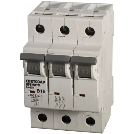 Выключатель автоматический СВЕТОЗАР &quot;ПРЕМИУМ&quot; 3-полюсный, 6 A, &quot;B&quot;, откл. сп. 6 кА, 400 В SV-49013-06-B купить в Тобольске