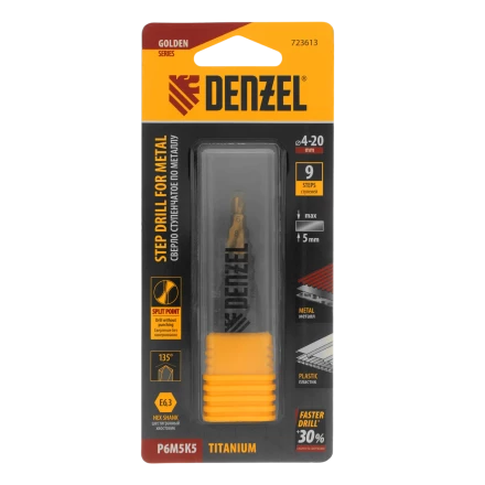 Сверло ступенчатое Denzel 723613, 4-6-8-10-12-14-16-18-20 мм, Р6М5К5, 6-гр. хвостовик купить в Тобольске