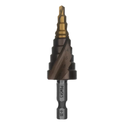 Сверло ступенчатое Denzel 723613, 4-6-8-10-12-14-16-18-20 мм, Р6М5К5, 6-гр. хвостовик купить в Тобольске