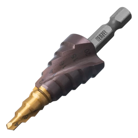 Сверло ступенчатое Denzel 723613, 4-6-8-10-12-14-16-18-20 мм, Р6М5К5, 6-гр. хвостовик купить в Тобольске