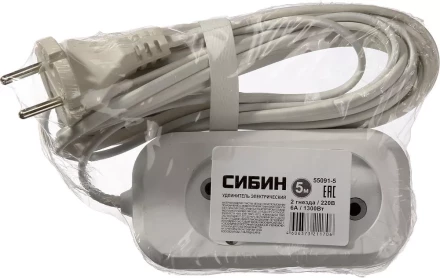 Удлинитель СИБИН электрический, ШВВП сечение 0,75кв мм, 2 гнезда, макс мощн 1300Вт, 5м 55091-5 купить в Тобольске