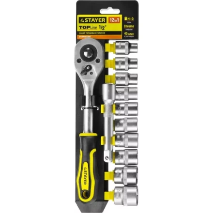 Набор STAYER &quot;STANDARD&quot;: Торцовые головки (1/2&quot;) на пластиковом рельсе, трещотка, удлинитель, 10-24мм, 12 предметов 27750-H12 купить в Тобольске