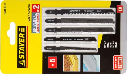 Набор STAYER &quot;PROFI&quot; Пилки &quot;УНИВЕРСАЛ №2&quot; для эл/лобзика, по дереву и металлу, EU-хвост., 5шт 15980-H5-2 купить в Тобольске