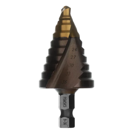 Сверло ступенчатое Denzel 723616, 4-6-8-10-12-14-16-18-20-22-24-26-28-30-32 мм, Р6М5К5, 6-гр. хвостовик купить в Тобольске