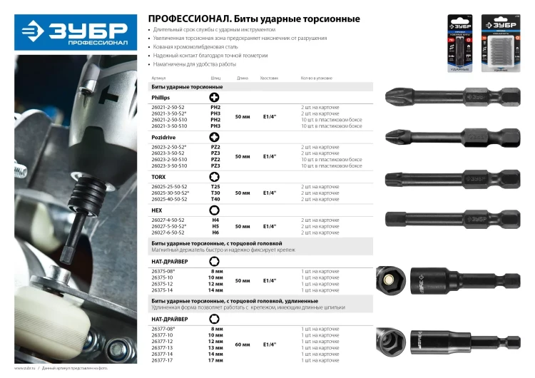 Биты ЗУБР "ПРОФИ" Phillips, тип хвостовика E 1/4", PH2, 50мм, 2шт, на карточке 26021-2-50-S2 купить в Тобольске