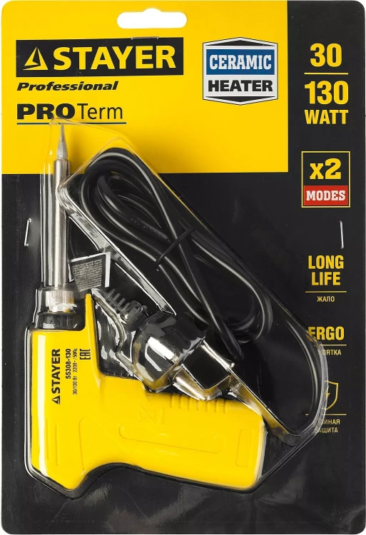 Паяльник с пистолетной пластмассовой рукояткой, STAYER "PROFI" PROTerm, 55308-130, 30 - 130 Вт, с керамическим нагревательным элементом 55308-130 купить в Тобольске