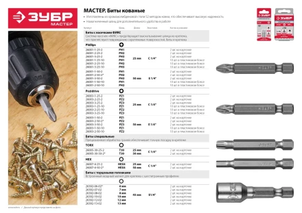 ЗУБР 10 шт, PH2, 25 мм, кованые биты (26001-2-25-10) купить в Тобольске