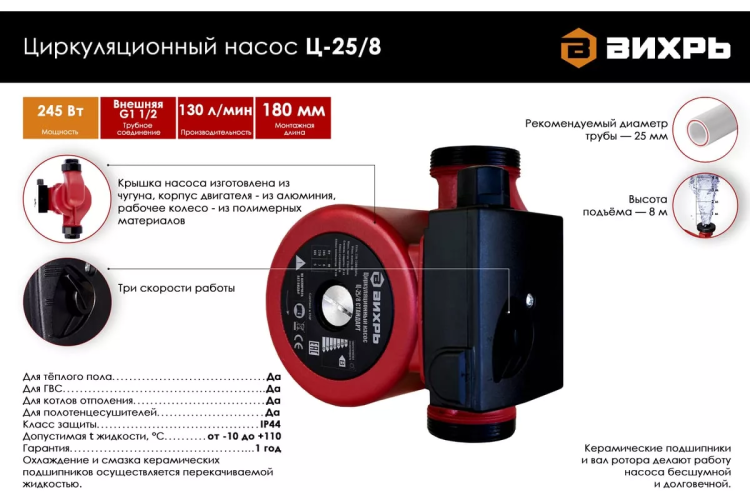 Циркуляционный насос Вихрь Ц-25/8 СТАНДАРТ 68/7/11 купить в Тобольске