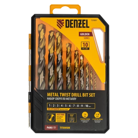 Набор сверл по металлу Denzel 723001, 1-10 мм, Р6М5-TiN, Golden Tip, 10 шт купить в Тобольске