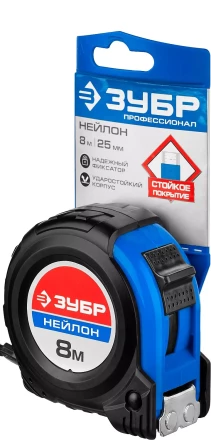 Рулетка ЗУБР &quot;НЕЙЛОН&quot;, нейлоновое покрытие, упрочненное полотно, ударопрочный обрезиненный корпус, 8м/25мм 34056-08-25_z01 купить в Тобольске