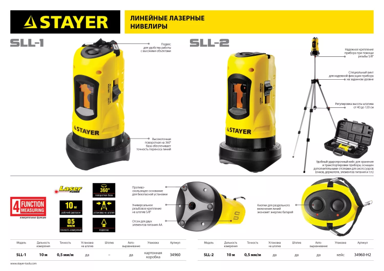 Нивелир лазерный линейный SLL-2, STAYER 34960-H2, штатив, кейс, 10м, точн. +/-0,5 мм/м 34960-H2 купить в Тобольске